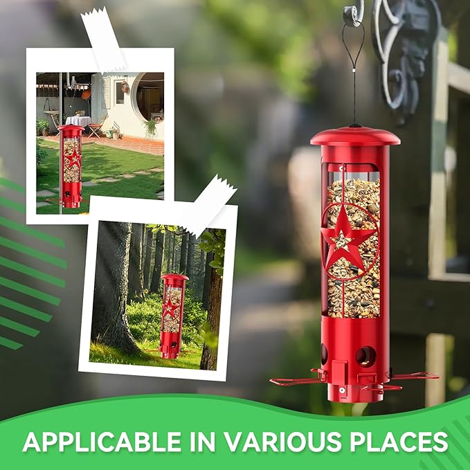Squirrel Proof Bird Feeders for Outdoors Hanging, Metal Squirrel Proof Bird Feeder with Gravity Protection, 3LB Large Capacity Wild Bird Feeders for Outside Finch, Cardinal, Blue Jay (Red)