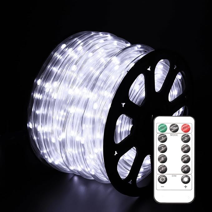 LED Rope Lights for Outside 20Ft Waterproof Led Rope Lighting 86 LEDs 110V 8 Modes Remote Control Timer Led Strip Light for Indoor Outdoor Party Holiday Garden Decoration (White)