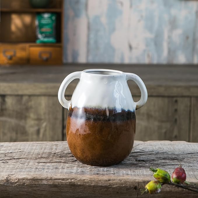 Multi Gradient Ceramic Vase with 2 Handles, Modern Farmhouse Decor, Rustic Terracotta Pottery, Decorative Flower Vases, Clay Small Vase, Centerpiece for Dining Table - 7 Inch Tall