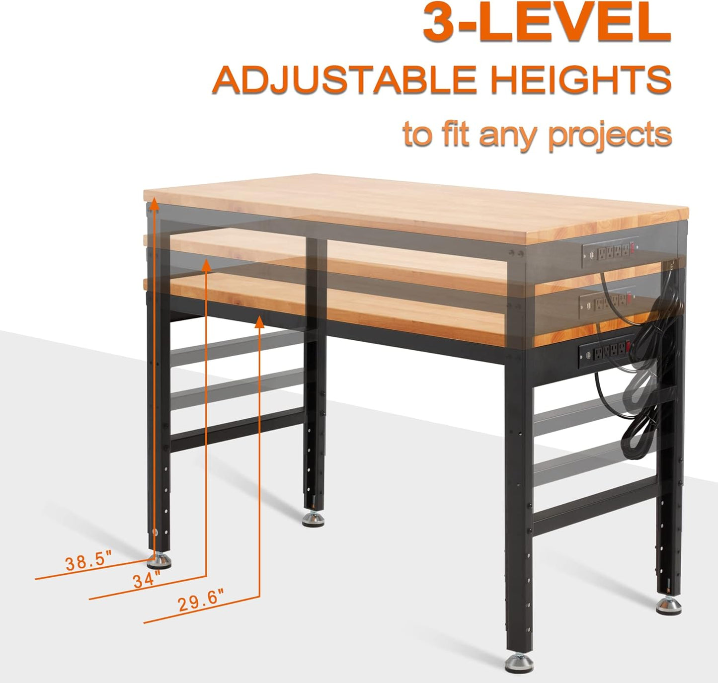 Haddockway Adjustable Workbench for Garage,48"x 24" Rubber Wood Top Worktable with Power Outlets, Max 2000 Lbs Load Capacity Heavy Duty Workstation for Workshop Office Home (Black Frame, 48in)