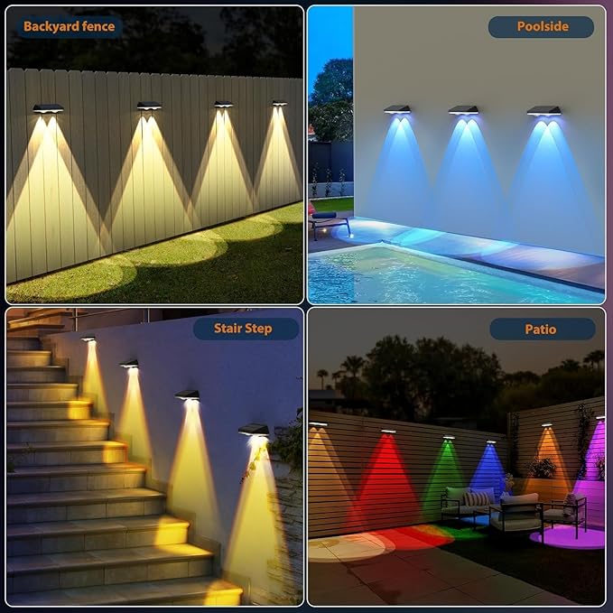 Solar Fence Lights,RGB & Warm White & 6 Colors Lens LED Dusk to Dawn Deck Light, Fence Solar Lights Outdoor Waterproof, Solar Outdoor Lights for Backyard/Railing/Wall/Step/Patio/Pool Set of 2