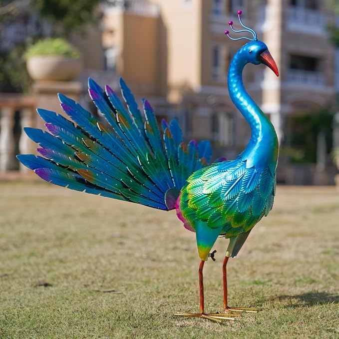 VEWOGARDEN Peacock Outdoor Statues Metal Peacock Tail Spread Garden Sculptures & Statues for Yard Lawn Patio Pool Outside Decorations, Blue