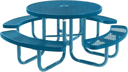 Heavy-Duty Portable Outdoor Picnic Table with Umbrella Hole, Expanded Metal Commercial-Grade Patio Furniture Made in America (46" Round Top, Light Blue with Light Blue Frames)