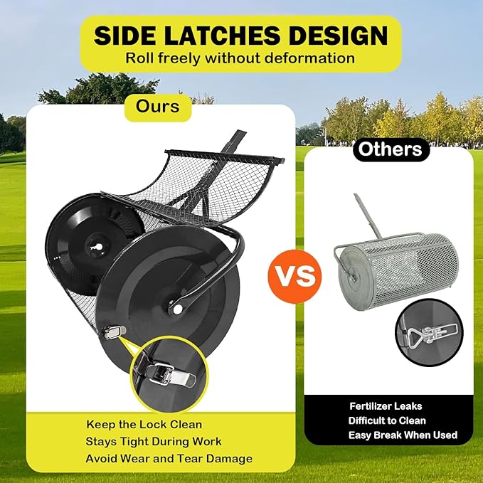 Compost Spreader, 24" Peat Moss Spreader, Roller Lawn Spreader with 3 Heights T Shaped Handle, Side Latches Powder Coated Steel Mesh Basket, Lawn & Garden Spreader for Spreading Manure Topsoil Black