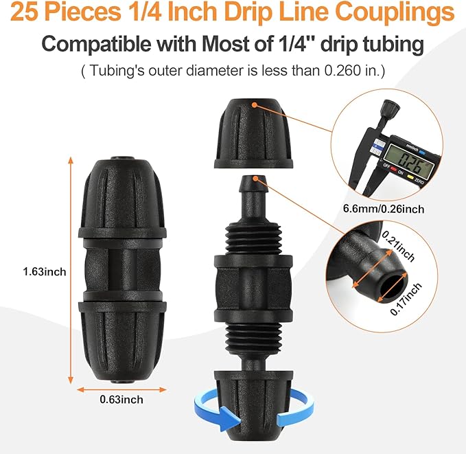 1/4 Inch Drip Irrigation Anti-leak Coupling Fittings, 25 Pieces 1/4'' Drip Line Barbed Locked Coupler Connectors for 1/4 Inch Irrigation Tubing for Garden Drip Systems