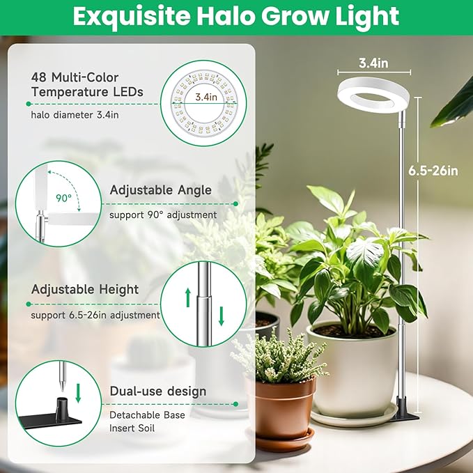 Grow Lights for Indoor Plants,Full Spectrum Plant Lights for Indoor Growing with with 3/9/12H Timer, 3 Color Modes, 10 Brightness, 6.5"-26" Height Adjustable Small Grow Light, 2 Pack(3.4in)