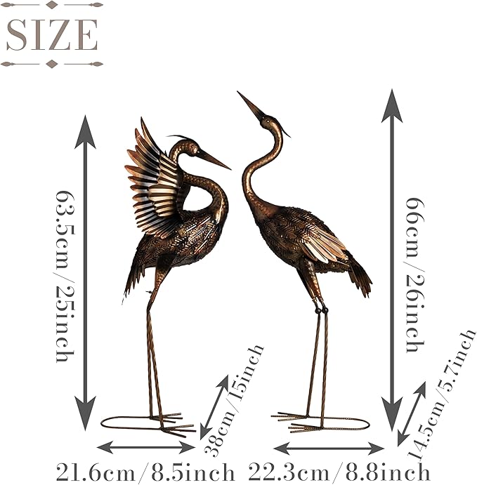 TERESA'S COLLECTIONS Yard Decorations Outdoor Garden Statues, Brass Metal Crane Yard Art, 25-26inch Lawn Ornaments for Backyard, Outside Porch, Patio, Wedding Decor,Set of 2,Spring Decor,Gifts for Mom