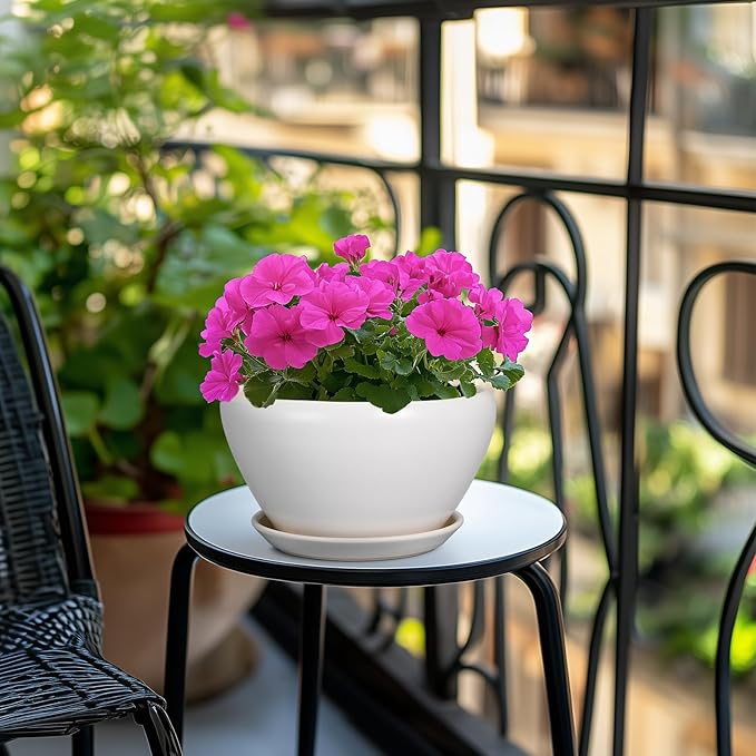 Ceramic Planter - 9 Inch Plant Pot Indoor with Drainage Hole and Saucer for Outdoor Plants Mid-Century Round Planter Modern Flower Pot for House Garden White