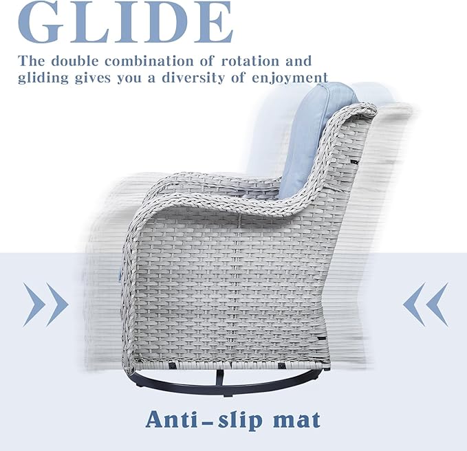 Outdoor Swivel Rocker Patio Chairs Set of 3, High Back Swivel Patio Chairs Wicker Furniture Set, 2 PCS Rattan Swivel Rocking Chair with Side Table, Light Grey Wicker