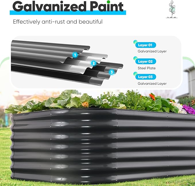 Quictent Galvanized Raised Garden Bed Kit, 6x3x2 ft Oval Metal Planter Box Tall for Vegetables Outdoor Backyard, Rubber Strip Edging Included, Dark Gray