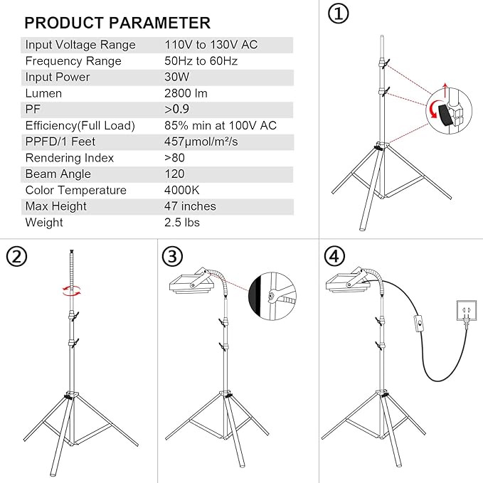 LBW Grow Light with Stand, Full Spectrum 150W LED Floor Plant Light for Indoor Plants, Grow Lamp with On/Off Switch, Adjustable Tripod Stand 15-48 inches