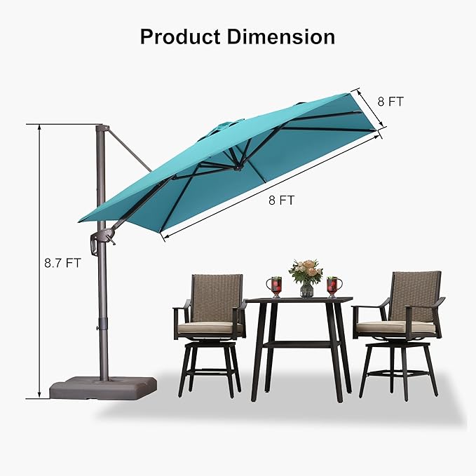 PURPLE LEAF 8 Feet Cantilever Patio Umbrella Square Umbrella with 360° Rotation and Aluminum Offset Hanging Outdoor Umbrella for Pool Garden Backyard Deck, Turquoise
