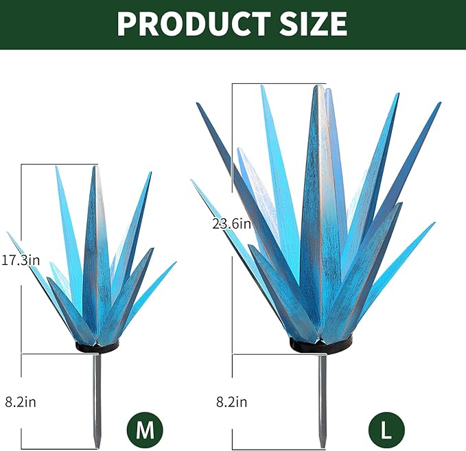 Large Tequila Rustic Sculpture, Rustic Metal Agave Plants for Outdoor Patio Yard, Home Decor Hand Painted Metal Agave Garden Yard Statue, Outdoor Lawn Ornaments Yard Stakes (Sky Blue - M)