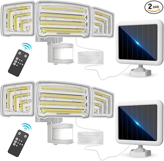 Energetic Solar Outdoor Lights, 1800LM 150 LED Security Motion Sensor Outdoor Lights with Remote Control, IP65 Waterproof Floodlight, 3 Head Motion Detected Spotlight for Garage, Pack of 2 (White)