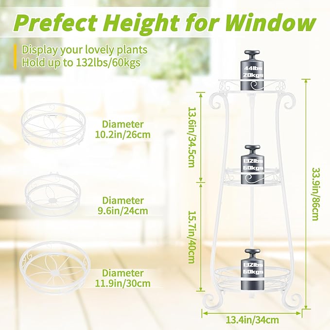 KMOTASUO 3 Tier Metal Plant Stand Indoor, 34 Inch Tall Corner Plant Stands for Indoor Plants, Flower Pot Holder Shelf Display Rack for Balcony Garden Patio Living Room(White)