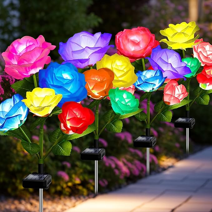 Solar Garden Lights Outdoor, 4 Pack Flower Lights for Outside, 16 Solar Lilies with Butterflies, Waterproof Garden Decor for Yard, Patio, Gifts for Women Mom (4 pcs 7-Color Rose)
