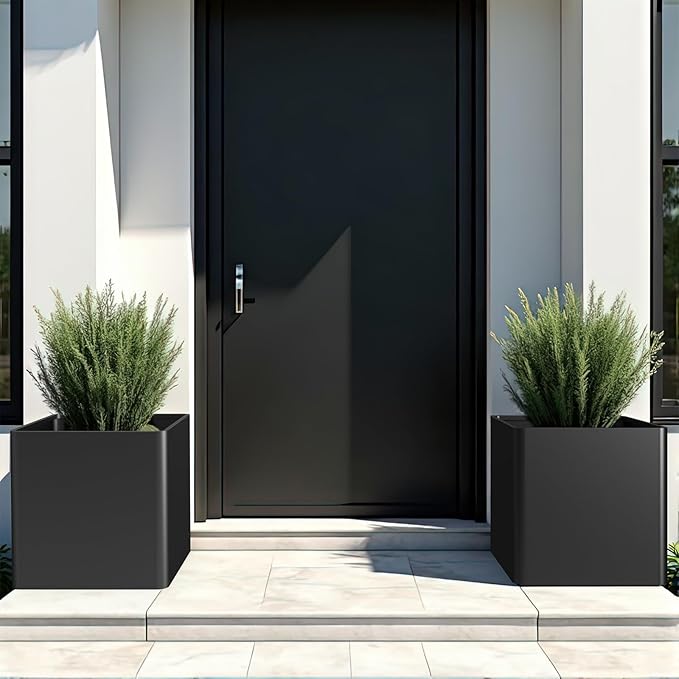 Large Metal Square Planter 20" L x 20" W x 20" H, Black Large Outdoor Planters with Drainage Hole for Porch/Patio/Garden