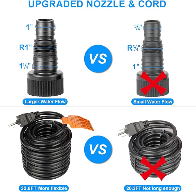 Outdoor 1800Gph-100W 32.8FT Small-Pond Water-fall & Kio Fish Fountain-s &Garden Pump Submersible IPX8: Long 32.8FT Cord Smart-er & Quieter Duck & Yard &Patio Ponds Pumps, 1 Barrier Pump Bag