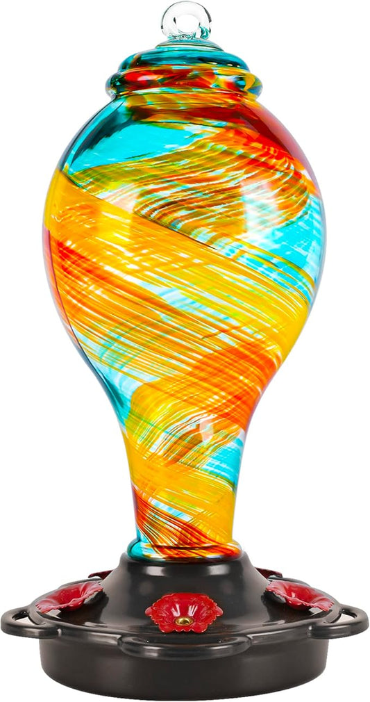 LUJII Hand Blown Glass Hummingbird Feeder for Outdoors Hanging with Ant Moat, 25 fl.oz, Leak Proof & Rustproof, Metal Base with 5 Feeding Ports & 5 Perches, Unique Garden & Backyard Decor (Ribbon)