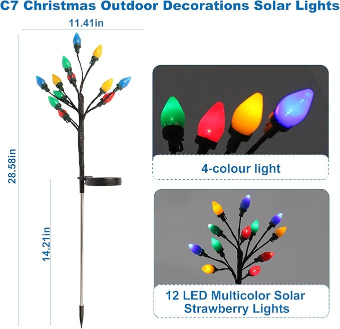C7 Solar Christmas Pathway Lights - 2 Pack with 24 LED Strawberry Multicolor Lights, 8 Modes - Outdoor Waterproof Christmas Decorations for Garden, Yard, Pathway