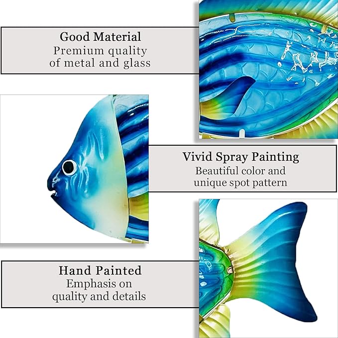 John's Studio Fish Sea Wall Decor Outdoor Metal Garden Hanging Art Glass Sculptures Home Ocean Theme Decorations for Kitchen Bathroom and Pool - Blue