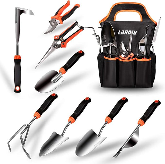 Garden Tool Set, 9 Piece Stainless Steel Heavy Duty Gardening Tool Set, with Non-Slip Rubber Grip, Storage Pocket, Ideal Gardening Gifts for Men