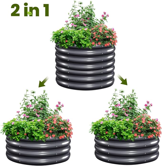 KING BIRD Raised Garden Bed Galvanized Round Planter Box Outdoor for Gardening, Plants, Vegetables, Flowers, Dark Grey, 24x24x12 in 2 Packs