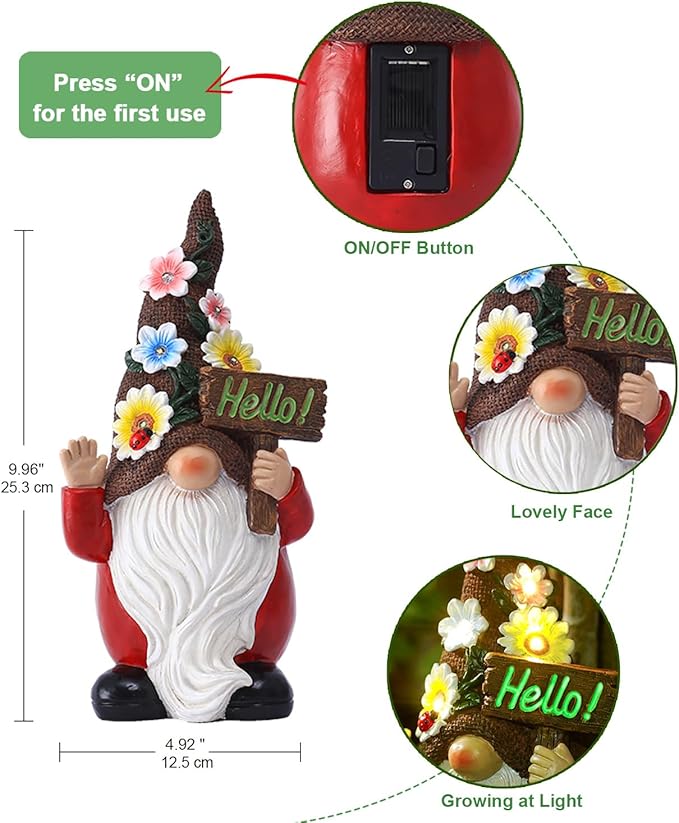Solar Gnome Garden Statue for Decor: Outdoor Figurines Sculpture with Lights and Hello Sign for Lawn Patio Yard Balcony - for Mother Women