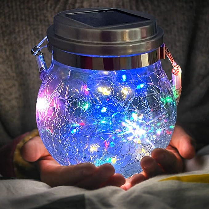 Outdoor Hanging Solar Lights,2 Pack 30 LED Solar Cracked Glass Ball Lanterns with Handle,Waterproof Solar Decorative Lights for Garden Patio Yard Christmas Wedding Party Decor(Colorful)