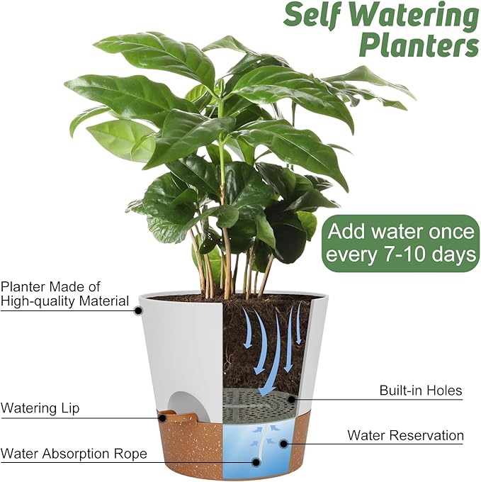 Ynnico10 inch Plant Pots, Self-Watering Planters with Drainage Holes & Saucers for Indoor and Outdoor Plants (2-Pack,White