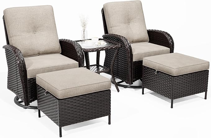 Joyside 5 Piece Patio Furniture Set, Outdoor Swivel Chair Sets with Thick Cushion and Ottoman, Wicker Patio Conversation Set for Porch, Deck Use (Brown/Beige, 5 PCS)