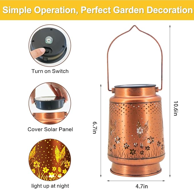 Mothers Day Gifts, 4 Packs Solar Lanterns Outdoor Hanging Lantern Lights, 4 Hummingbirds Hollowed-Out Metal Decor Lantern, Waterproof LED Decorative Garden Light Gifts