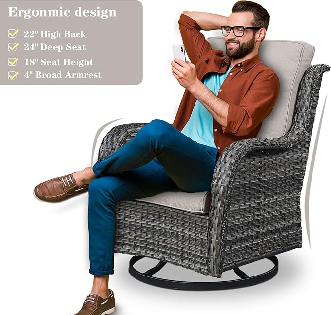 3 PCS Patio Furniture Set - Mixed Grey Wicker Swivel Rocking Chairs with Side Table, Furniture Set for Outdoor