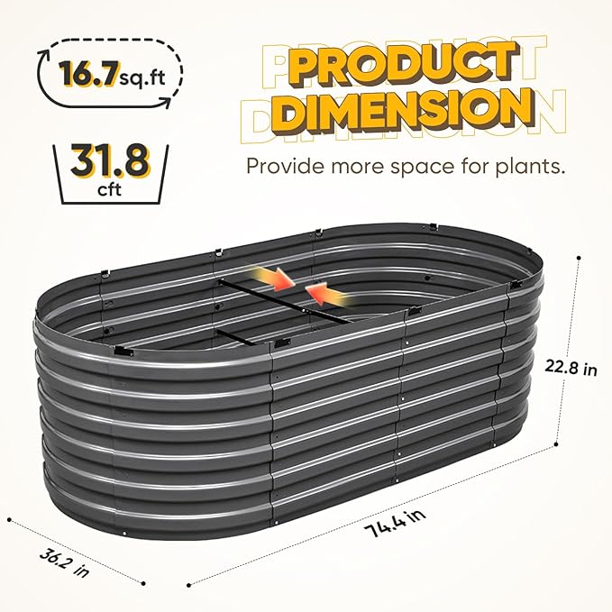 KING BIRD Raised Garden Bed Kit 2025 Upgraded Quick-Setup Galvanized Planter Garden Box Outdoor for Gardening, Vegetables, Flowers, 74x36x23 in, Dark Grey