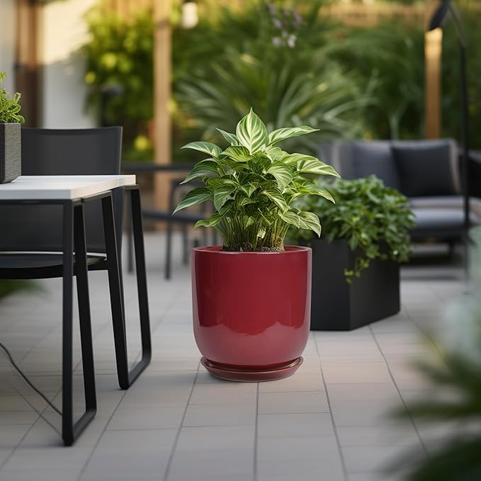 Ceramic Pots for Plants - 12 Inch Plant Pot Indoor with Drainage Hole and Saucer Large Planter Outdoor Flower Pot for Home Patio Office Decor Red