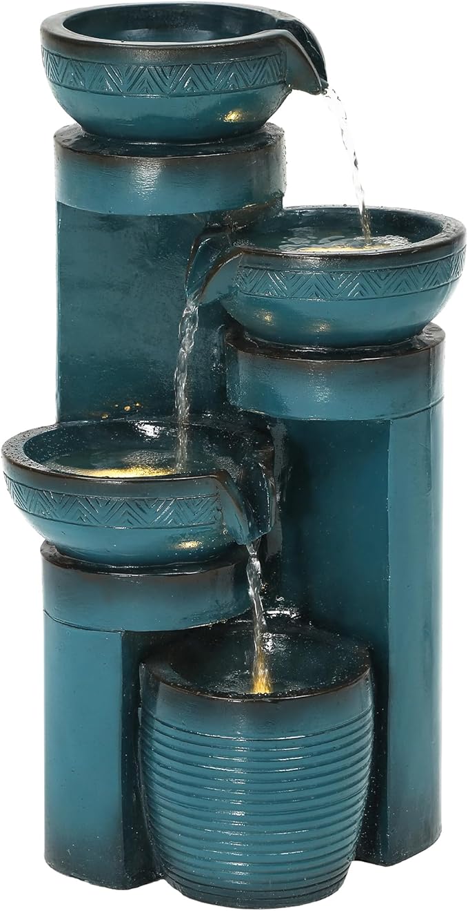 Autodaya 19.3" H Pedestal Outdoor Water Fountain with LED Lights and Pump, 4-Tier Cascading Water Feature, Tranuil Waterfall for Relaxing Garden, Patio, Yard, or Porch, Turquoise, Faux Ceramic Finish