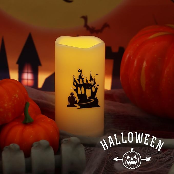 Halloween Outdoor Battery Operated Flameless Pillar Candles with Auto Daily Timer Waterproof Realistic Flickering Electric LED Lights with Spider Castle Decals Halloween Decorations 2 Pack 3X6”