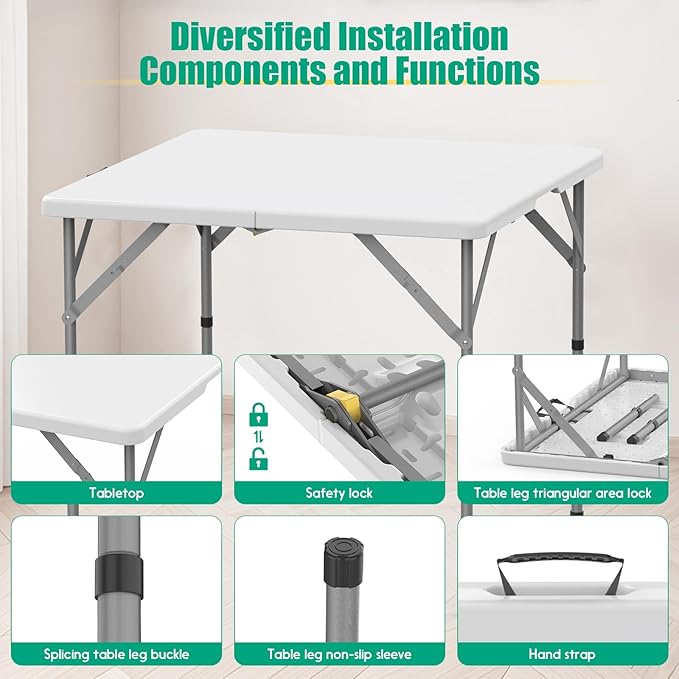 HLPB 34'' Square Folding Card Table, Fold-in-Half Portable Dining Table with Handle and Safety Lock, Foldable Plastic Dining Table Indoor Outdoor for Camping, Picnic and Party Event, White