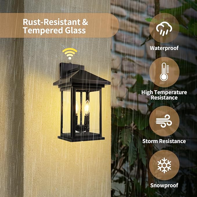Dusk to Dawn Outdoor Wall Lantern, Exterior Wall Sconce Fixture with Tempered Clear Seeded Glass, Matte Black Finish for Outdoors (Large Wall Mount)
