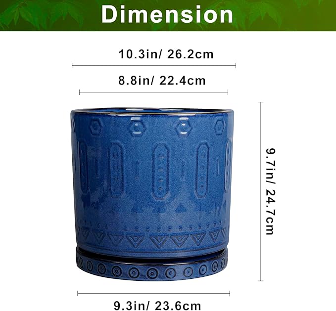 10 Inch Plant Pot - Ceramic Planter Outdoor Plant Pot Indoor with Drainage Holes and Saucer Large Flower Pot Round Decorative Planter for Garden Patio Decor Blue