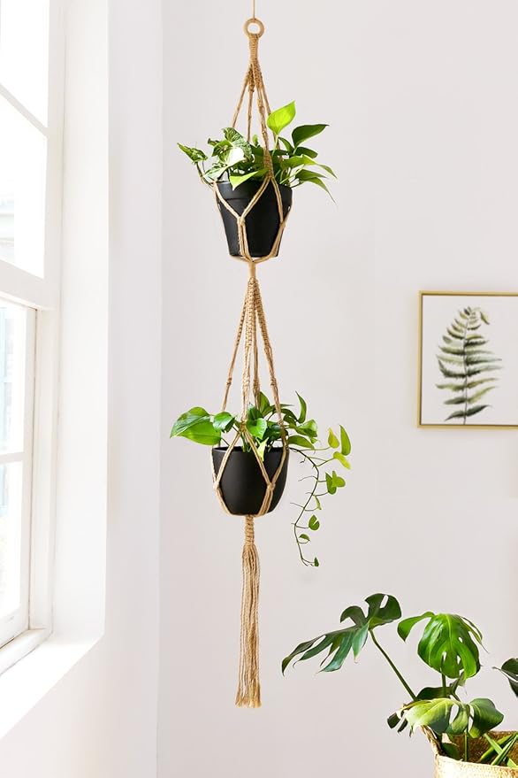 Mkono Macrame Plant Hangers Set of 4 Indoor Hanging Planter Basket Wall Decorative Flower Pot Holder with 4 Hooks for Indoor Outdoor Home Decor Gift Box, Brown