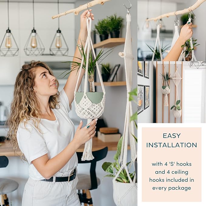 Nook Theory 4-Pack Macrame Plant Hanger - with 8 Ceiling Hooks - Hanging Planter Indoor Outdoor - Hanging Plant Holder - Decorative Bohemian Plant Hangers - Hanging Plants (Cream)