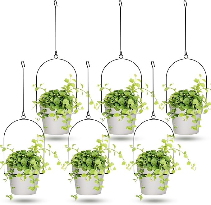 Hushee 6 Packs Metal Hanging Planters for Outdoor Indoor Plants Plant Hanger with 6.3'' Plastic Pots Hanging Planter Basket for Garden Home Porch Decor (White)