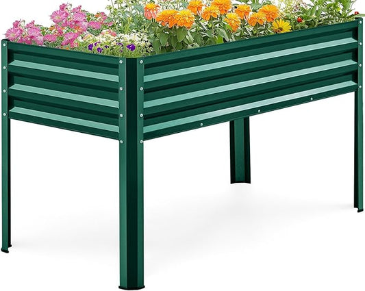 KING BIRD Large Raised Garden Bed with Legs Galvanized Elevated Planter Box 48×24×30 in for Backyard, Patio, Balcony, 400lb Capacity, Green