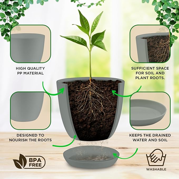 Planter Pots with Drainage Holes - Lightweight, Durable & Space-Saving Pots for Indoor and Outdoor - Versatile Functionality, Simple Modern Design, Set of 20 Plastic Planter Pots - Gray