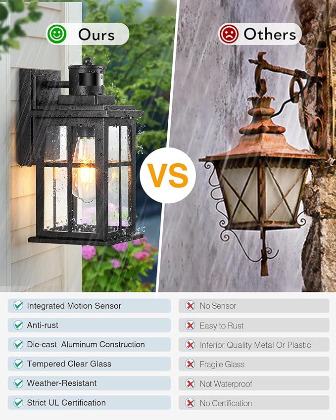 Motion Sensor Outdoor Light, Black Porch Light Dusk to Dawn, Waterproof Outdoor Motion Sensor Light, Anti-Rust Outside Lights for House, Garage, Doorway, Porch, 100% Aluminum