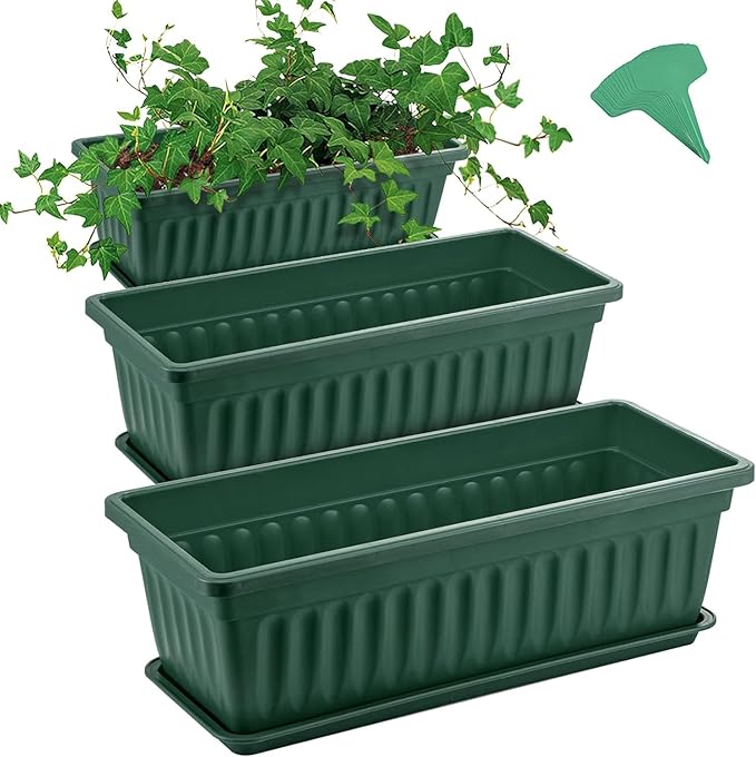 GROWNEER 3 Packs 17 Inches Green Flower Window Box Plastic Vegetable Planters Long Pots with 15 Pcs Plant Labels for Outdoor Indoor Windowsill Patio Garden Home Decor Porch