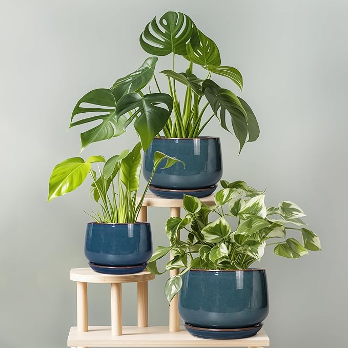 G EPGardening Ceramic Pot for Plants - Modern 7 Inch Round Planter with Drainage and Tray Indoor Outdoor for Flower, Porch Decor, Gardening Gifts, Retro Blue