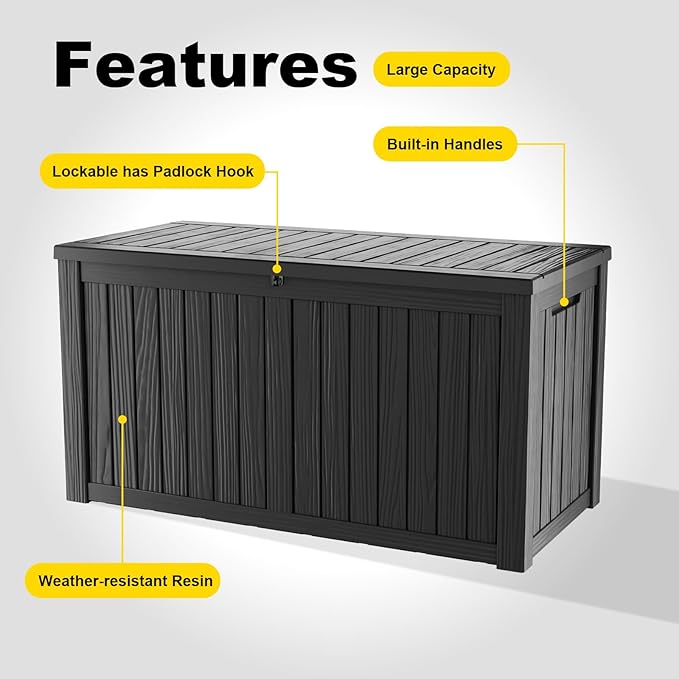 150 Gallon Outdoor Deck Box,Storage Lockable Waterproof Patio Furniture,Garden Tools,Cushions,Pool Accessories Outside Storage Resin Box(Black)