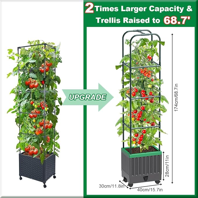 Tomato Planter Box with Trellis, 68.7" Tall Self Watering Tomato Cages for Climbing Vegetables Plant, Raised Garden Bed for Garden, Tomato Plant Support Pots for Patio Indoor Outdoor（68.7" ）